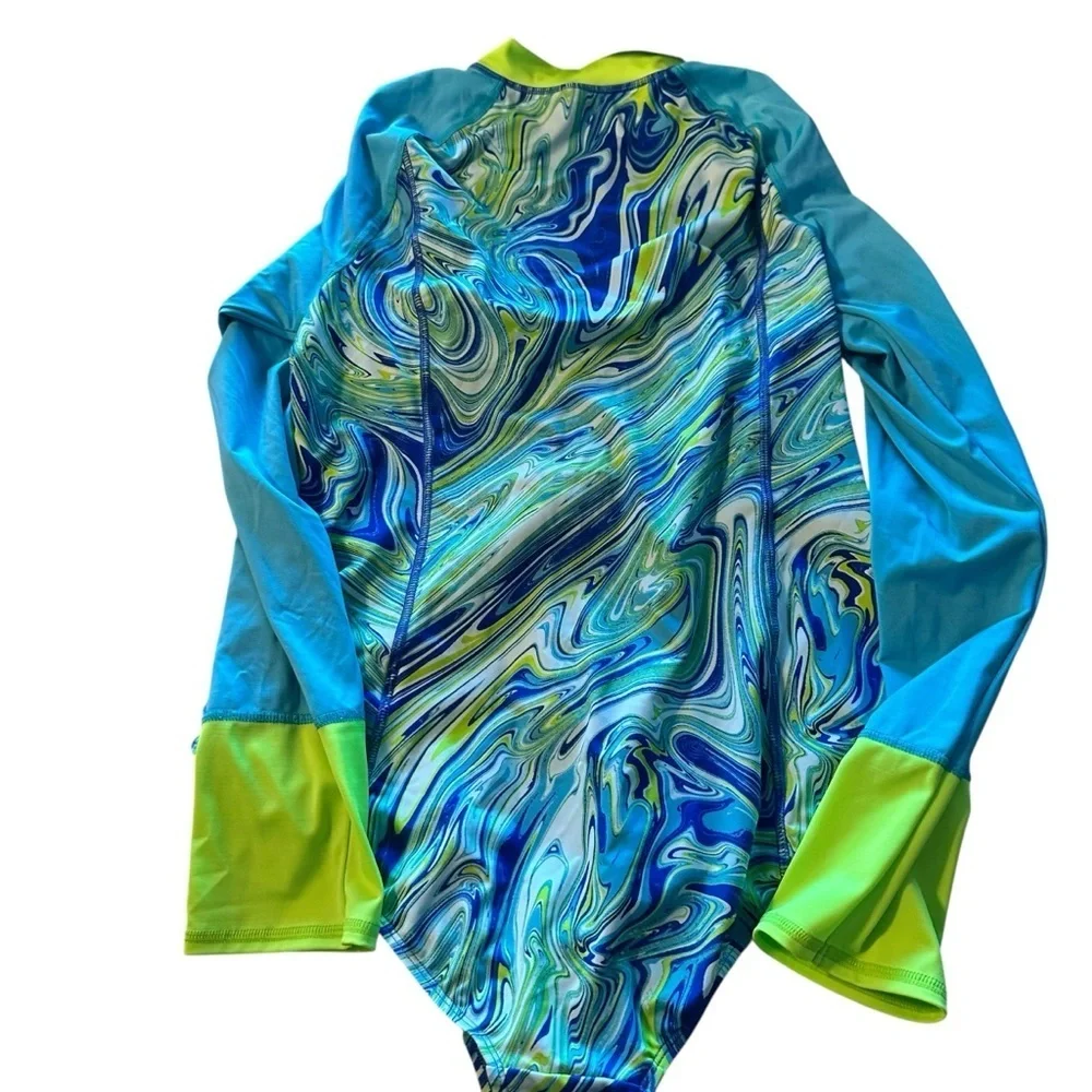 Lands' End Kids Swim Rashguard - Blue and Lime